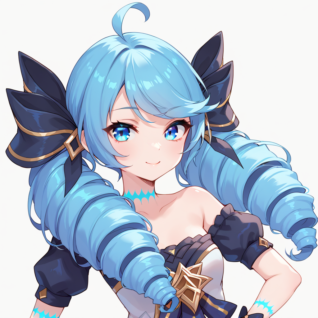 score_9, score_8_up, score_7_up, simple background, looking at viewer, light smile, 
1girl, gwenlol, blue eyes, ahoge, blue hair, twin drills, puffy short sleeves, bare shoulders, 
<lora:gwenlol_pony_v1:0.8>