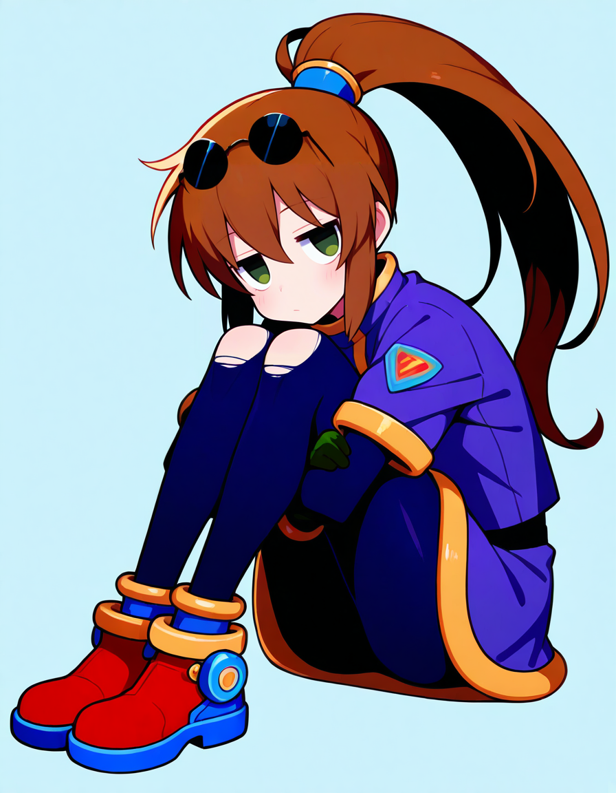 <lora:so2precis_SDXL_Illustrious_fp16_ver01:1>,so2precis,brown hair,  ponytail,blue dress,skirt,pantyhose,green eyes, gloves,eyewear on head,torn pantyhose,footwear, <lora:HairintakesEraser_v01_illustrious_10steps:2>,hugging own legs,jitome,, masterpiece, best quality, very aesthetic, absurdres,<lora:detailed_hands:1>,hand
