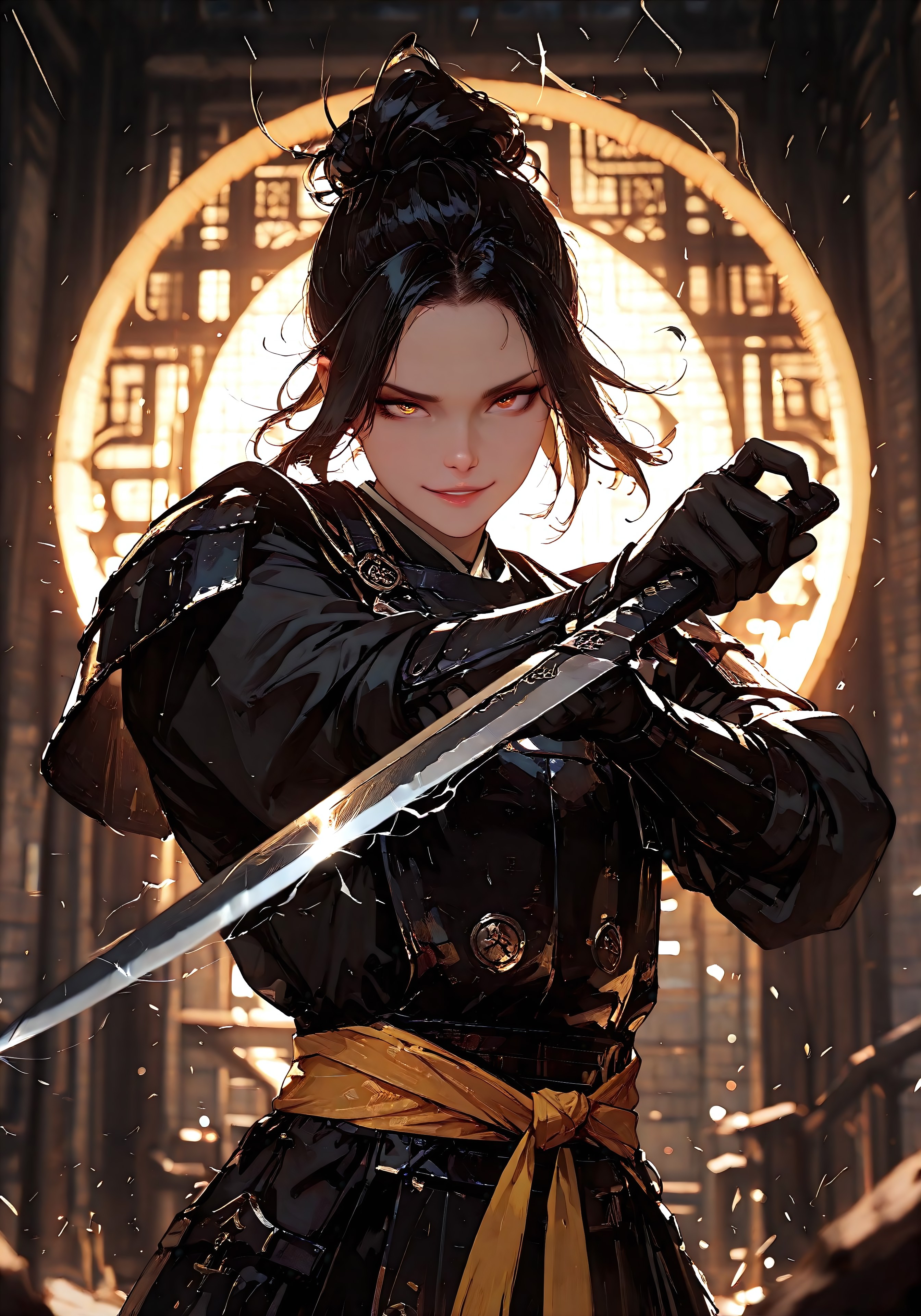 masterpiece, best quality, absurdres, 8K, high detail, cinematic lighting, stylized, visual storytelling, dynamic composition, depth of field, bokeh, backlighting, volumetric light, vivid colors, symbolic environment, god-tier illustration, sketch style (1.3), cksc style, focused subject

Chinese mythology, Black Myth Wukong-inspired, Wukong hairstyle, mythic hero, intense action scene, dynamic pose (1.3), fighting stance, high-speed motion blur, storm aura, divine energy, long flowing sash, ancient armor, windblown hair, glowing zone-eyes, eye trails, upper body focus, 

curved black knife, medium-length, intricate carvings on the blade, detailed hand grip, dramatic grip pose, dungeon environment, mythic scale, storytelling scene, cinematic shot, different fighting stances, smirking smile, chinese old building background