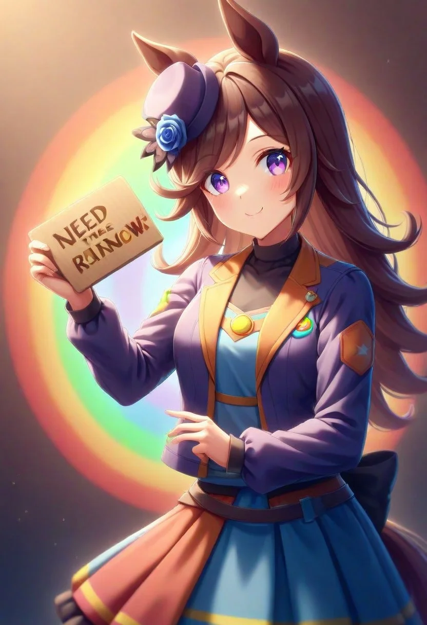 umamusume,, ,rice_shower_(umamusume), 1girl,  long_hair, long_sleeves,, solo, 1girl, 
need_buzz, holding sign, 
Japanese cute woman relief, stained glass relief, animal_ears, buzz , blue_rose, , brown_hair, flower, , hat, horse_ears, horse_girl, horse_tail, jacket, long_hair, looking_at_viewer, purple_eyes, purple_hat, rose,  , skirt, smile, solo, standing, tail,  
,Taste the Rainbow, looking at viewer,Skittles