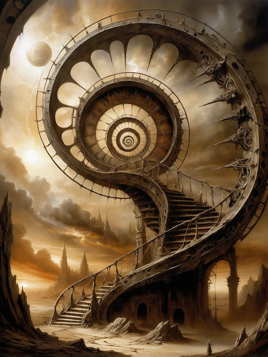 in the style of epic Surreal, abstract, bizarre, abstract image that shows a spiral structure connecting different timelines, 32k uhd, focus eyes, fearsome appearance, masterpiece, high resolution, HD, 8k, best quality, intricate details,<lora:add-detail-xl:1.8>