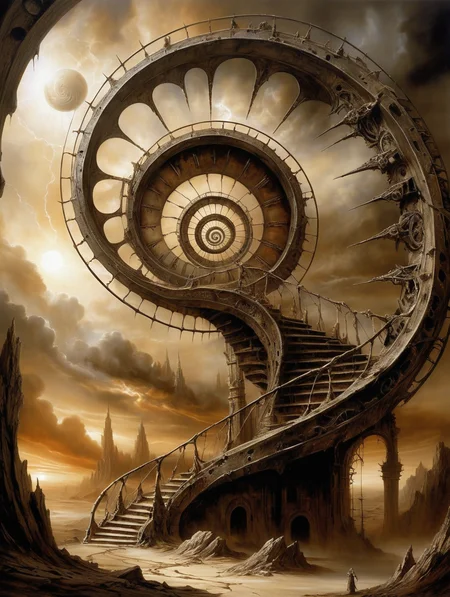 in the style of epic Surreal, abstract, bizarre, abstract image that shows a spiral structure connecting different timelines, 32k uhd, focus eyes, fearsome appearance, masterpiece, high resolution, HD, 8k, best quality, intricate details,<lora:add-detail-xl:1.8>