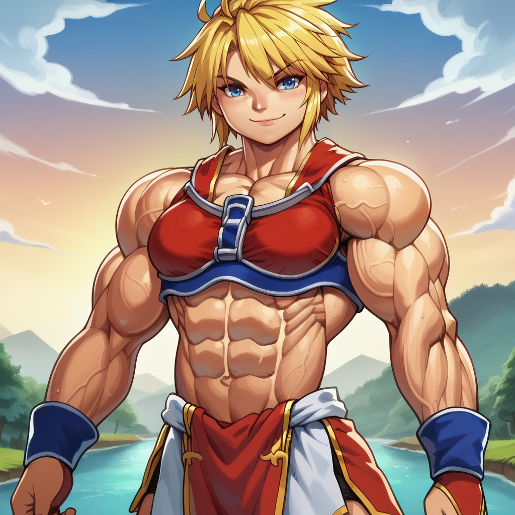 score_9, score_8_up, score_7_up, score_6_up, score_5_up, score_4_up BREAK pokkuti, anime screencap, high_priest_(ragnarok_online), ragnarok_online, 1girl, blonde_hair, blue_eyes, muscular, 1girl, solo, looking at viewer, smug, outdoors, sunrise, harbor, cowboy shot, <lora:PokkutiPDXL32.0.9tx1:1>