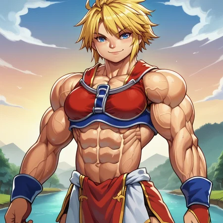 score_9, score_8_up, score_7_up, score_6_up, score_5_up, score_4_up BREAK pokkuti, anime screencap, high_priest_(ragnarok_online), ragnarok_online, 1girl, blonde_hair, blue_eyes, muscular, 1girl, solo, looking at viewer, smug, outdoors, sunrise, harbor, cowboy shot, <lora:PokkutiPDXL32.0.9tx1:1>