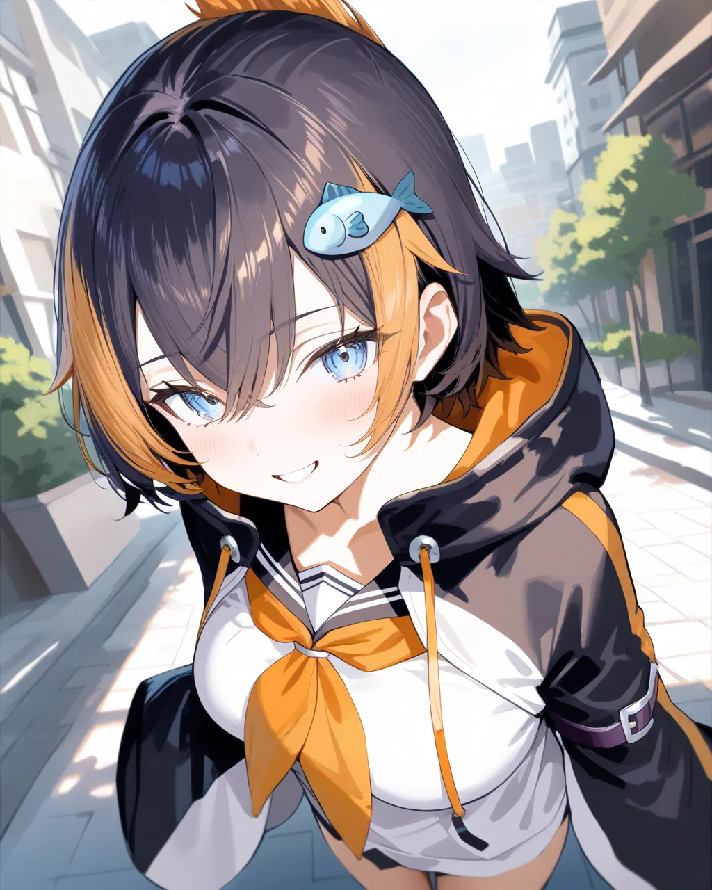 1girl,
PetraGurinNijisanji,
safe, solo, perspective, dutch angle, upper body,
dating, walking, on side, looking at viewer, grin,
fish hair ornament,
two-tone hoodie, long sleeves,
sleeves past fingers,
arm strap,
black sailor collar, orange neckerchief,
white shirt, large breasts,
day, street,
depth of field,
<lora:kp_PetraGurinNijisanji1stCostumeAnimagineXL_v1_1:1.0>,
masterpiece, high score, great score, absurdres
