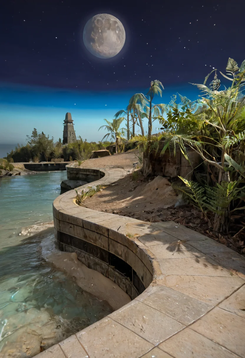 score_9, score_8_up, score_7_up, BREAK, RAW, photo, 8k, very sharp, very detailed, realistic, real, hyper realistic, Photorealistic, real photo, no people, no humans
distant structures, sky, stars, moon, tiles, tomb, sand, plants, trees, stone wall, tiles, river, pathway,
<lora:Unreal Tournament 2004 - Facing Worlds - Sun Blade_epoch_12:0.7> facing3worlds,