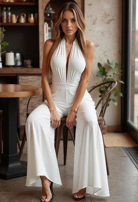 beautiful model, long straight hair, large round breasts, clo018, wearing a white sleeveless halterneck jumpsuit with a deep V-neckline and draped details, cinched waist, and wide, flowing pants, perfect feet in black high heels, sitting in a coffee shop