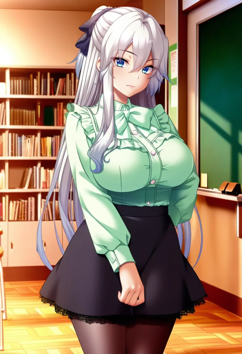 masterpiece, best quality, amazing quality,shuri mikoshiba, blue eyes, white hair, long hair, ponytail, mature female, 1girl, solo, breasts, pantyhose,black skirt, green shirt, frills, long sleeves,bow, hair bow,closed mouth,standing, looking at viewer,photo background, indoors, classroom, bookshelf, chalkboard,blurry background<lora:shuri mikoshibaV1:1>