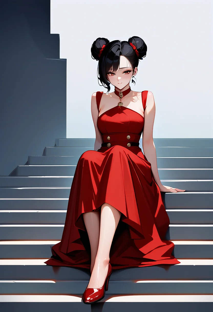 score_9, score_8_up, score_7_up, score_6_up, source_anime, <lora:CKS 0.2v:1>, cksxin,
 1girl, solo, adult, sitting on stairs, cement stairs, red dress, short hair, hair buns, red shoes, flowing dress, black hair, space buns, leaning head on hand, long dress, knee long dress, looking at viewer, simple background, empty background, photoshoot,