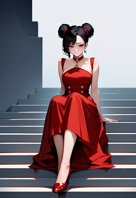 score_9, score_8_up, score_7_up, score_6_up, source_anime, <lora:CKS 0.2v:1>, cksxin,
1girl, solo, adult, sitting on stairs, cement stairs, red dress, short hair, hair buns, red shoes, flowing dress, black hair, space buns, leaning head on hand, long dress, knee long dress, looking at viewer, simple background, empty background, photoshoot,