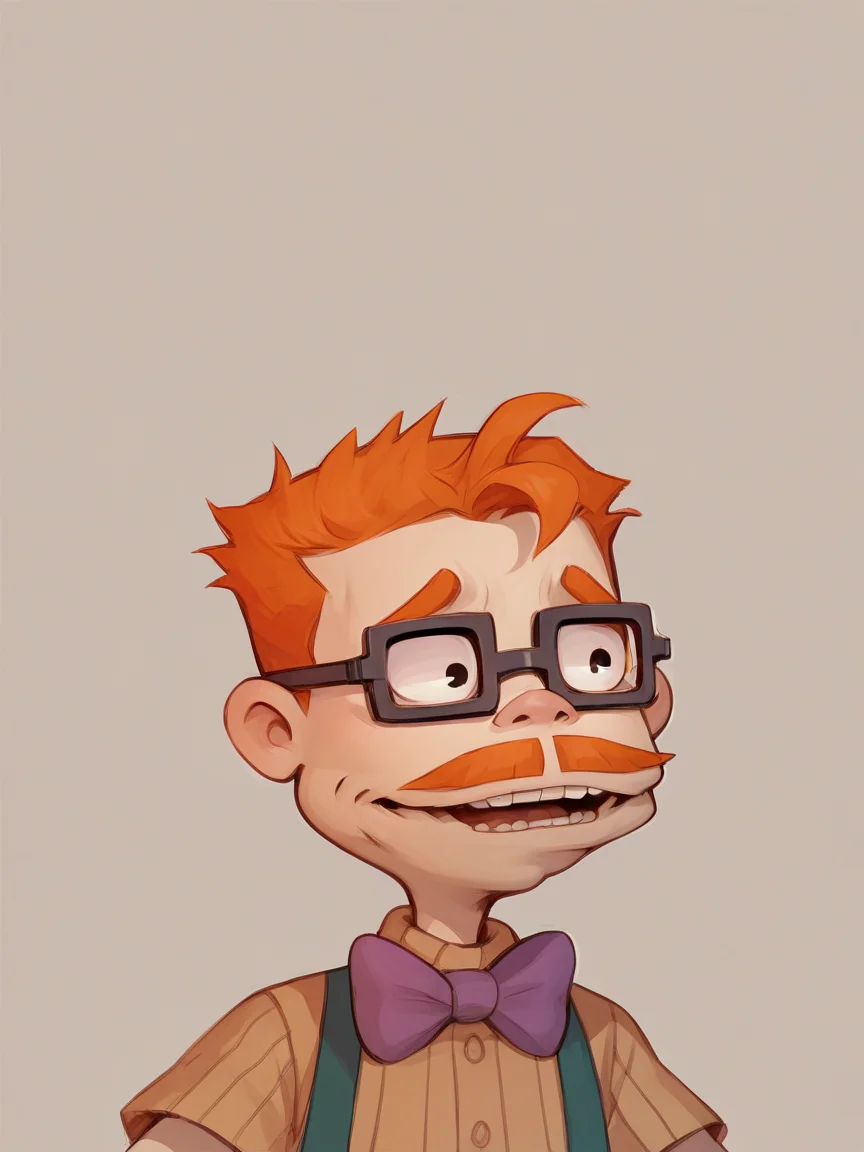 score_9, score_8_up, score_7_up, score_6_up, score_5_up, <lora:chasfinsterXLP:1> chas finster, 1boy, bowtie, glasses, mustache, orange hair,