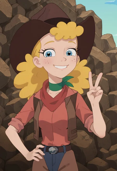 ((room background)), score_9, score_8_up, score_7_up,score_6_up,
1girl, Solo, Jackie_MML, fair skin, freckles, small pointed nose, light blue eyes, bright blonde hair, thick curly hair, brown cowboy hat, green scarf, light red shirt, brown vest, brown chaps, blue jeans, brown cowboy shoes, smile, perfect smile, tall, perfect eyes, looking at viewer, big breasts, standing, (bust shot) five fingers, perfect hands, (hand on hip, hand up, v sign)