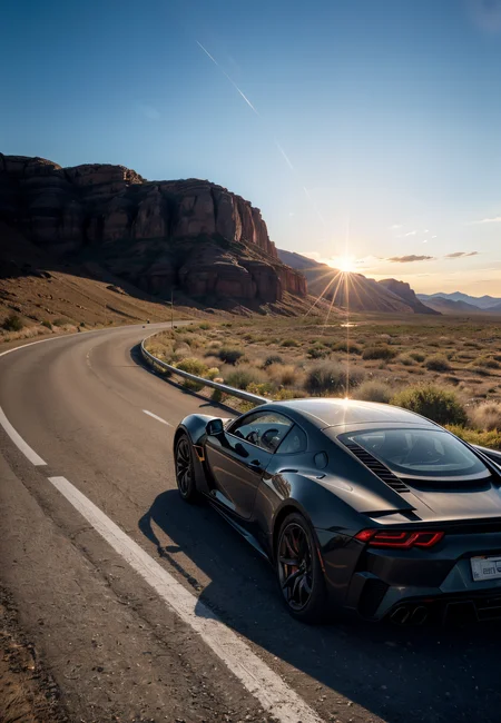 motion blur, a supercar driving on a straight highway, car rear, desert, bluesky, sunlight, lens flare,  (masterpiece),((ultra-detailed)), (highly detailed CG illustration),(expressionless), (best quality:1.2), High quality texture, intricate details, detailed texture, High quality shadow, <lora:add_detail:0.5>, <lora:GoodHands-vanilla:1>, <lora:detailed_notrigger:0.7>,  <lora:picxer_real:0.7>
