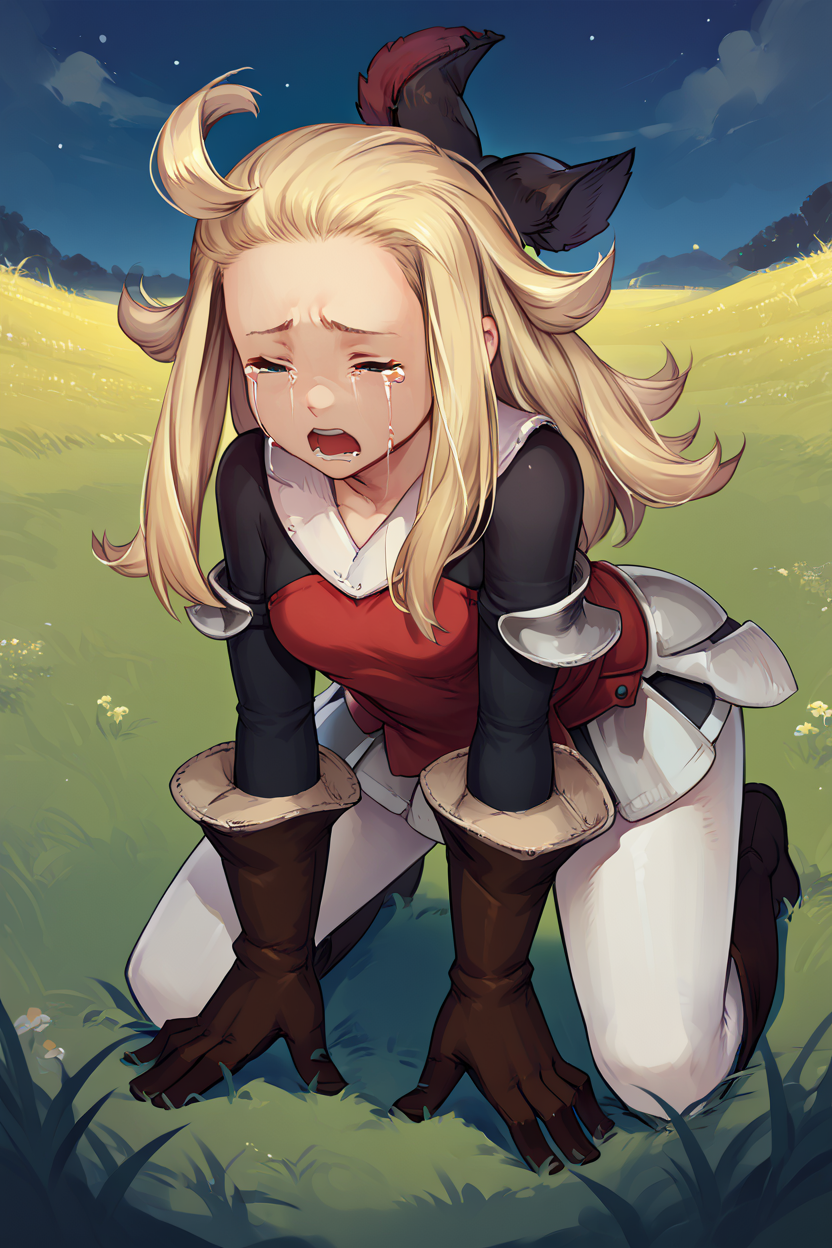 score_9, score_8_up, score_7_up, score_6_up, source_anime BREAK 1girl, solo  <lora:edealee-pdxl-nvwls-v1-000005:1> bdEdea, blonde hair, ahoge, black bow, hair bow, red shirt, armored skirt, brown gloves, white leggings, thigh boots, tears in eyes, crying, wince, squinting, open mouth, kneeling, field, sad, night, dark, all fours
