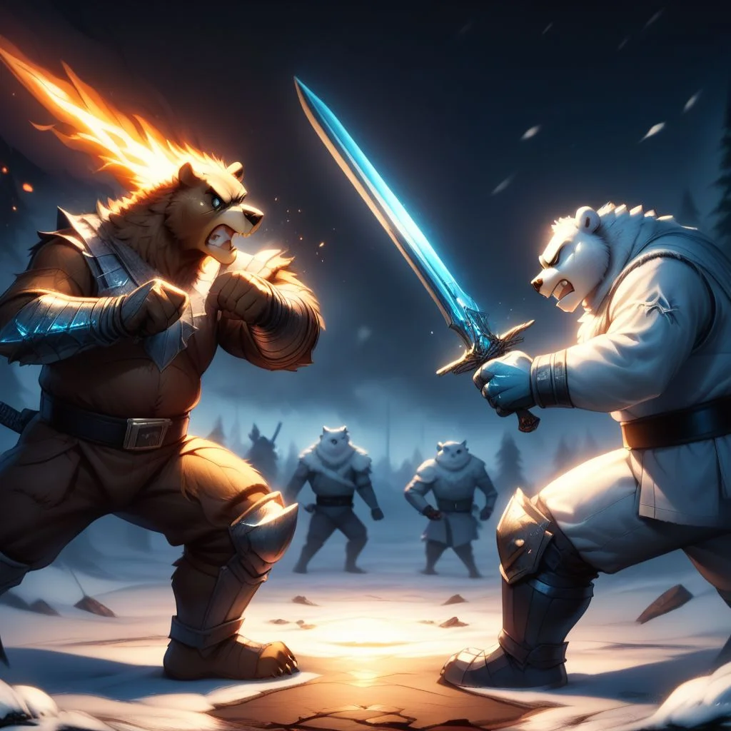 score_9,score_8_up,score_7_up,score_6_up,
(anthropomorphic angry giant grizzled firemode elemental grizzly bear wielding flaming sword,  fur made of fire:1.3), (anthropomorphic rugged huge watermode ice elemental polar bear wielding ice sword, casting ice spell, fur made of ice:1.3), (fighting each other, 1vs1, sword duel, d:1.6), snowing, trees, log cabin, bears fighting in background, canadian wilderness, blood
 (ultra realistic, 32k, masterpiece:1.2), (high detailed skin:1.1), (high quality:1.1), elementalfusion, bokeh, luminescent background,