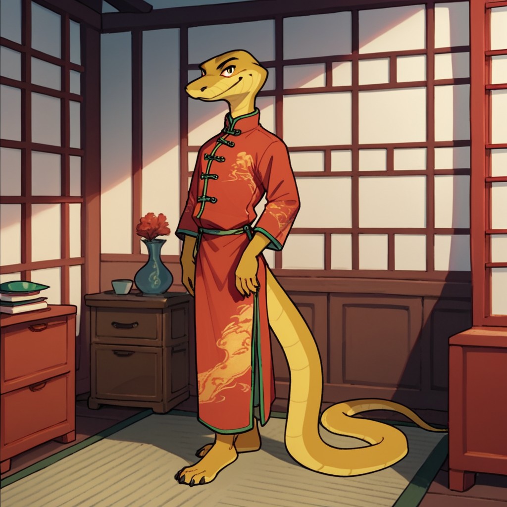 score_9, score_8_up, score_7_up, score_6_up, score_5_up, score_4_up, source_furry, sirhissRH, anthro, male, snake, olive green scales,  traditional chinese clothing, inside, standing, full body, solo, 1boy, looking at viewer, 