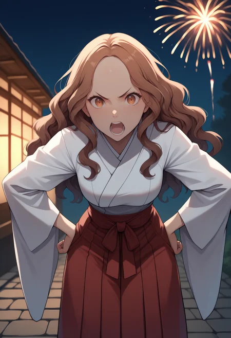 masterpiece, best quality, newest, anime, solo, 1girl, eb1hara, open mouth, teeth, looking at viewer, standing, leaning forward, hands on own hips, long hair, brown hair, wavy hair, forehead, brown eyes, v-shaped eyebrows, white kimono, long sleeves, wide sleeves, red hakama, hakama skirt, outdoors, night, fireworks, backlighting
<segment:yolo-Anzhc Face seg 640 v3 y11n.pt,0.4,1//cid=11>