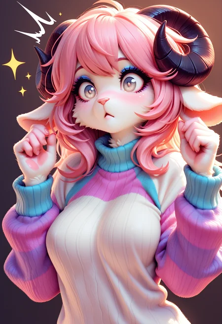 masterpiece, best quality, amazing quality, grr2s, solo, furry female, wide eyed, upper body, sheep, horns, eyeshadow, silver eyes, hands up, flinch, surprised, :<, sparkle sweater