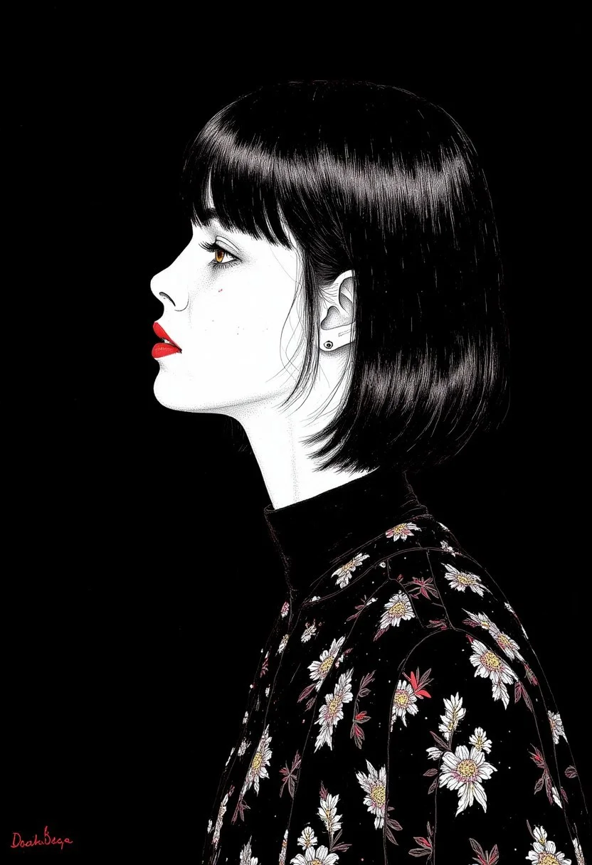 (Melhor qualidade, outline:1.2),realista,ilustrador,anime,1 garota, Detailed lips, vestido preto8,personalizado, (monochrome dark background),Cabelo neon,corte texturizado, obra de arte, classic retro style, Preto Escuro, arte, outline book, (cabelo bob preto:1.75 neon:1.32), Bad women , sombras escuras