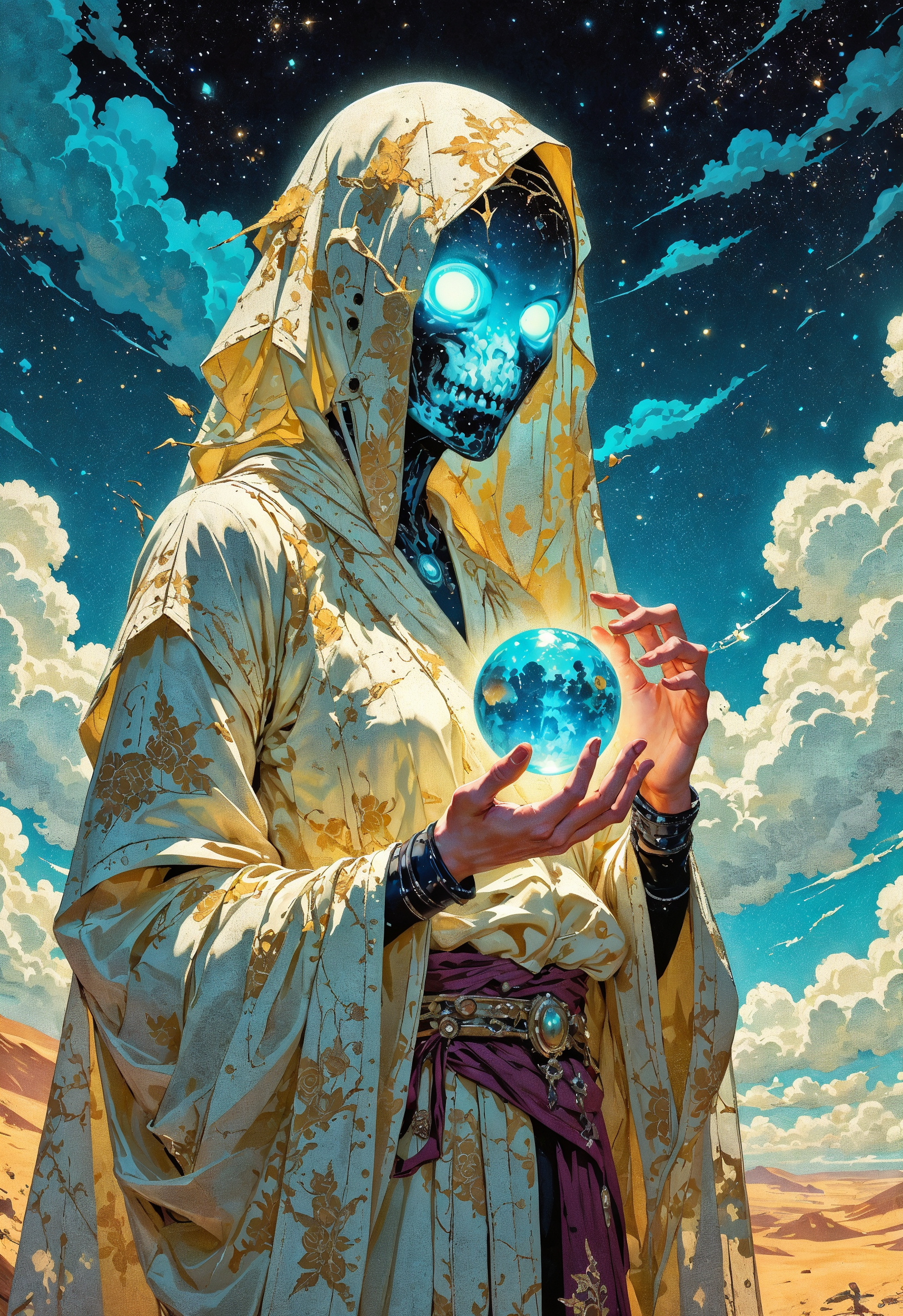 (in Otomo Katsuhiro style:1.2), masterpiece, high-quality, An oracle whose face is obscured by a delicate veil embroidered with constellations, her eyes glowing faintly beneath, She holds a crystal sphere showing a reflection of her inner self revealing abstract shapes of nature technology and myth, She stands in an endless desert under a sky filled with shifting constellations and cosmic clouds, cosmic veil, inner vision, celestial desert, Stylized anime-fantasy with soft otherworldly light and intricate fabric details, (elaborate fine details:1.1), (hyperdetailed:1.1), (intricate details:1.0), (Refined details:1.1), (best quality:1.1), (high resolution:1.2), <lora:FLUX\Anime v1.3:0.6> <lora:FLUX\VividlyReal:0.6> <lora:FLUX\FLUX-daubrez-DB4RZ:0.4>