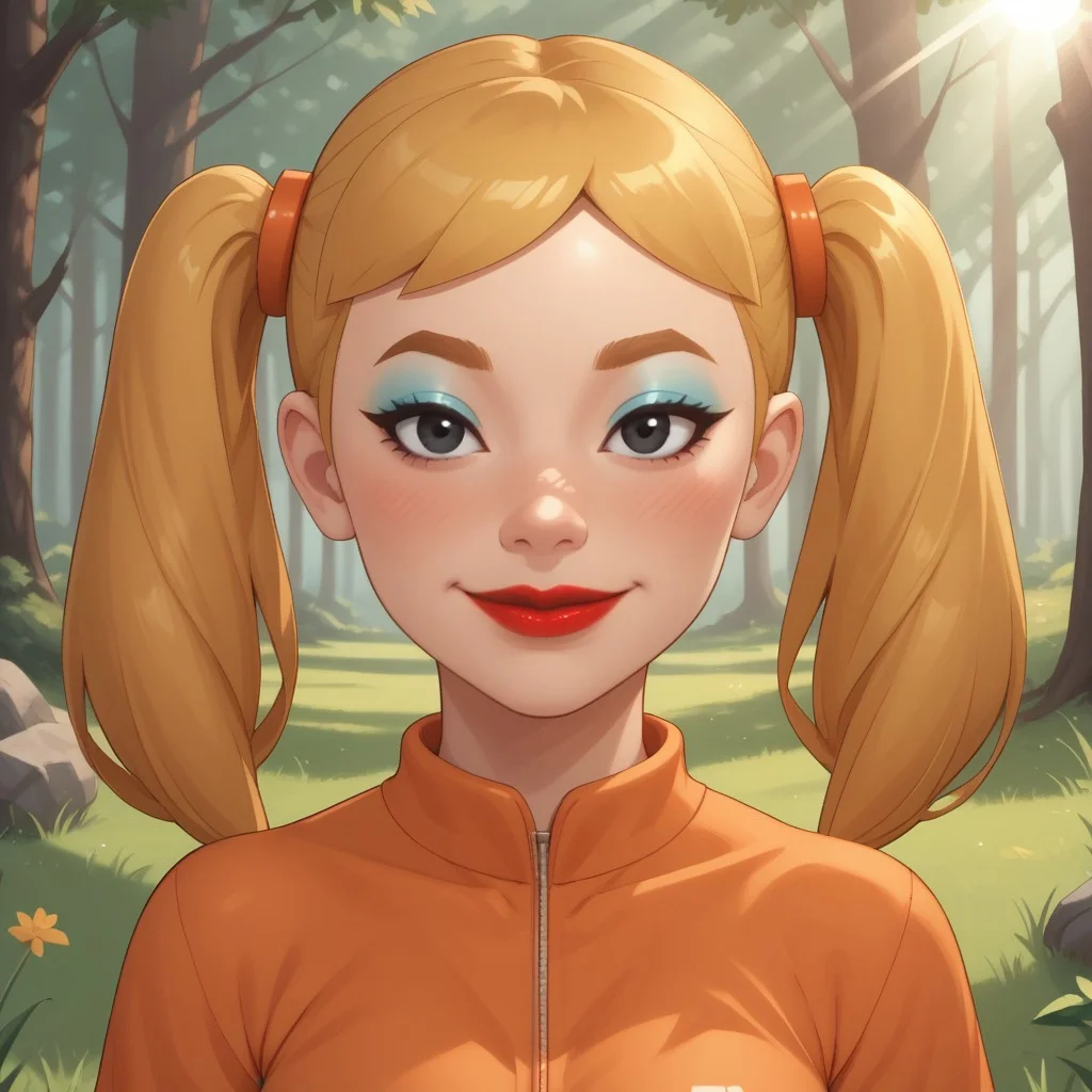 score_9, score_8, BREAK, solo, mii, wii, wii sports, 1girl, female mii, cute, attractive, blonde hair, twintails, dark blonde eyebrows, makeup, blush, blue eyeshadow, red lips, lipstick, orange clothing, white pants, breasts, Nintendo Mii, modern_mii, classic_mii, Midoriya_(OC_Mii), black eyes sexy pose, smile, outdoors, sunlight, shadows, evening lighting, natural lighting, forest, trees, grass, orange sky, sunset