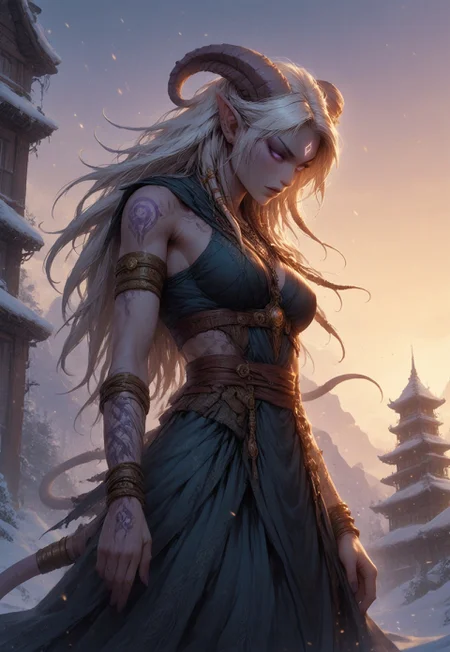 (absurdres, best quality, masterpiece:1.4), score_9, score_8_up, score_7_up, score_6_up, detailed, detailed body, detailed face, world of warcraft, fantasy, <lora:add-detail-xl:1.5>, 

fFaceDetail, SkinDetail, ((female, draenei, tall, athletic arms, pale white skin, long white hair, purple eyes, no pupil, no sclera, long white tail), (h0rns, ram horns, white horns), 
(long fingers, purple fingernails, purple nail polish), hooves),  

GunMonk, shotgun, 

(long loose blue dress, blue silk scarf, tail under dress, simple armlet, small yellow gem pendant), 

outdoors, mountains, temple, snow, evening, low angle, close up, close, 