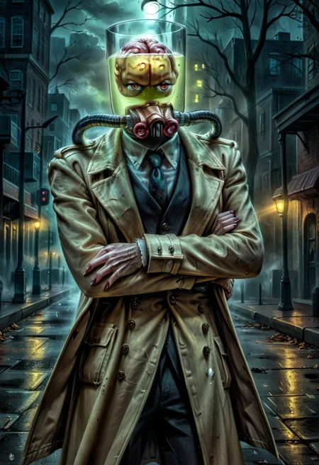 50's pulp magazine art, vintage design,  Detailed, masterpiece, in the style of rudolph-belarski, dramatic lighting,   dhfred carrying woman in arms, , suit, trench coat. solo, new york background, fog