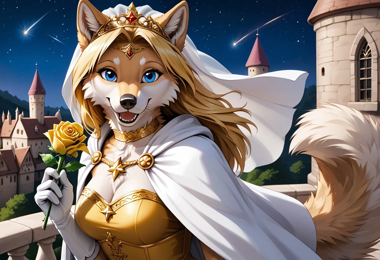 anthro, female wolf, artic wolf, voluptuous figure, tufted fur, tufted ears, cheast tuft, fluffy canine tail, detailed fur, long blonde hair, golden and white fur, blue eyes, whiskers, canine teeth, medieval castle, balcony, happy look, solo, night, shooting star, stars, golden royal dress, white cape, medium breasts, golden circlet, golden belt, white gloves, white veil, golden choker, close-up, holding yellow rose,