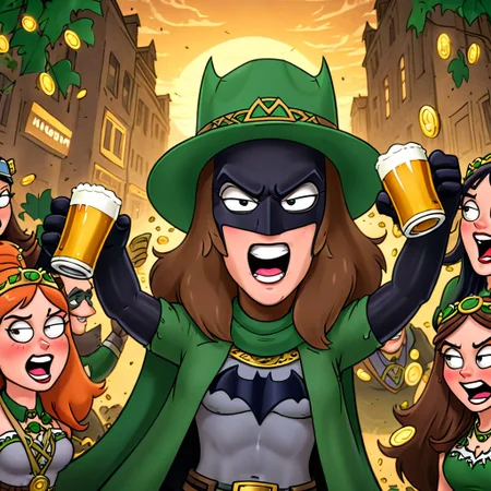 a cartoon character, Batman Knightmare, surrounded by ancient Celtic druid girls, cheering, food, beer, gold coins, decorative lights, outdoors, Saint Patrick's day, celebration, masterpiece, best quality, highly detailed, cartoon, flat color, cinematography