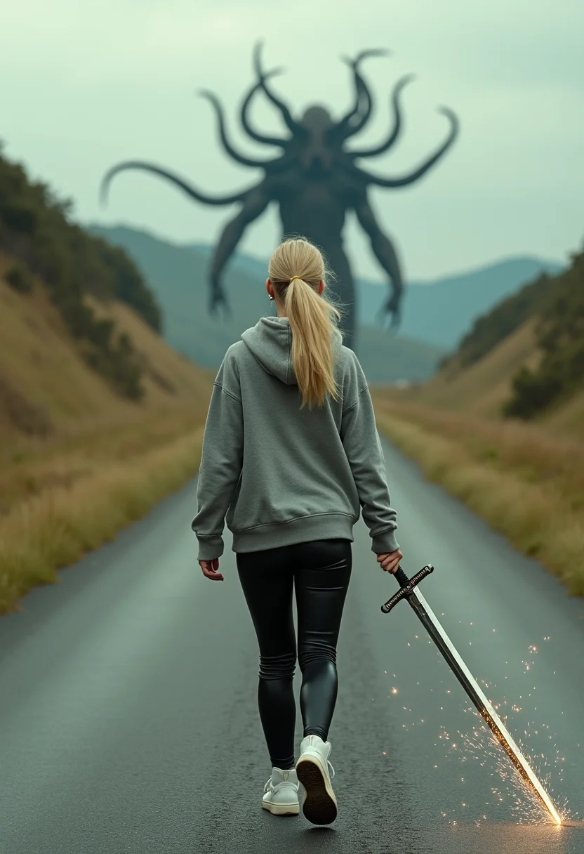 2000s photograph, wide angle shot of a street between grassy hills, rear view of a blonde woman walking away wearing white sneakers and dragging a medieval longsword along the ground, sparking. She's wearing a baggy hoodie and leather pants. She has a ponytail, a giant tentacled Cthulhu monster is on horizon.