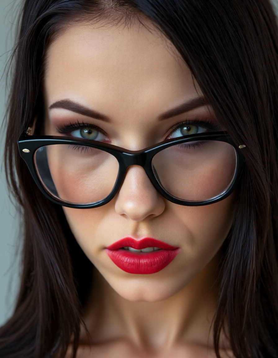 A striking portrait of a fierce woman with piercing eyes and bold, direct eye contact. She wears natural-looking brick-red lipstick and large, avant-garde glasses. The composition embodies a high-fashion editorial aesthetic, blending ethereal beauty with dramatic shadows and luxurious fashion details. The zoomed-out perspective places the subject in 30% of the frame, leaving ample negative space around her head for a modern, minimalist feel. The subtle 3D effect enhances the visual depth, creating a captivating and dynamic image.