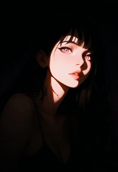 , lips, thin lips, parted lips, solo, looking at viewer, camisole, upper body, dark, underlightling, masterpiece, best quality, very aesthetic