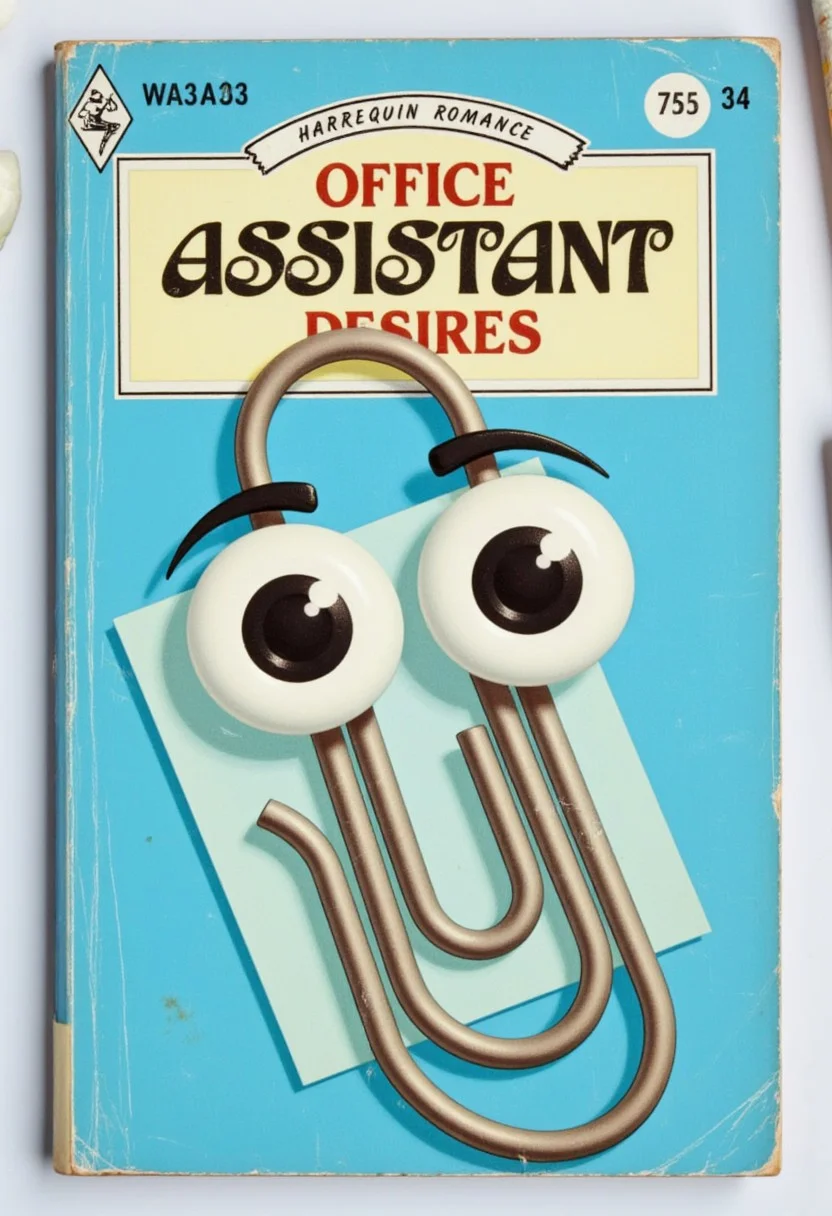 a Harlequin romance book cover with the title "OFFICE ASSISTANT DESIRES" with clippy the paperclip with big eyes