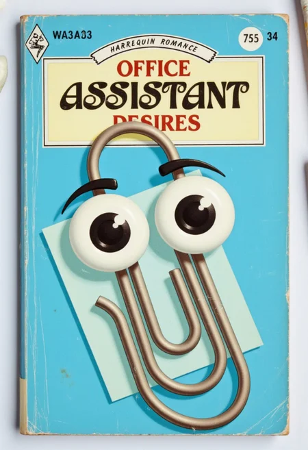 a Harlequin romance book cover with the title "OFFICE ASSISTANT DESIRES" with clippy the paperclip with big eyes