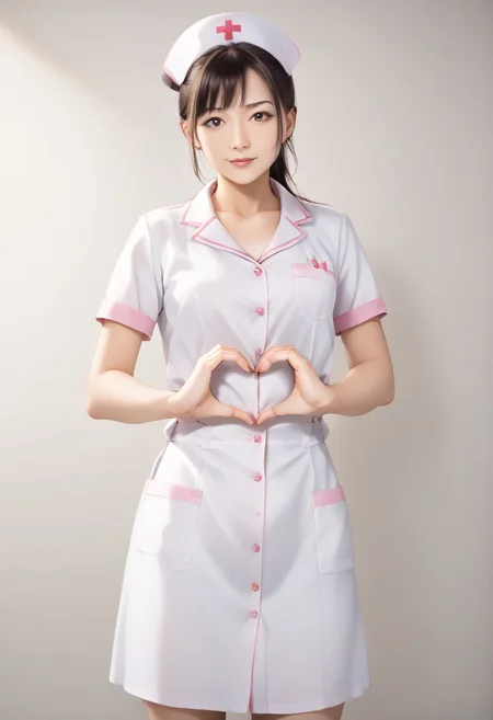 (Cowboy shot:1.2), smiling elegant slim asian woman, Japanese, wearing (((pink nurse uniform))), black hair, (brllyheart:1.4), (modern hospital room), photo, 1girl, ultra high res, realistic photorealistic, ultra-detailed, finely detailed, high resolution, perfect dynamic composition, (perfect eyes), (detailed eyes), solid circle eyes, sparkling eyes, (clean eyes), anatomically correct, super detail, textured skin, extremely detailed face and eyes, detailed facial features, ((perfect face)), narrow waist, thin waist, tiny waist, wide hips