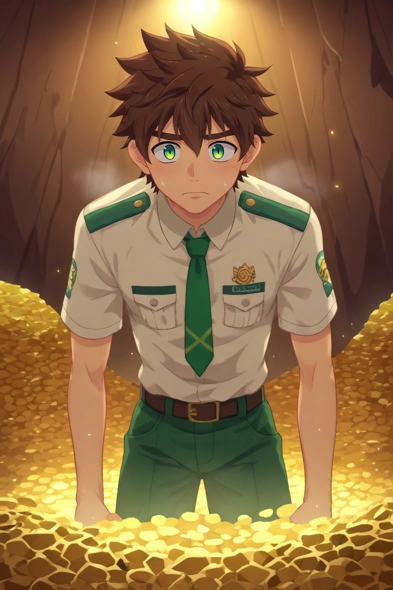 score_9, score_8_up, score_7_up, , rating_safe, intricate details, anime screencap, , , , , 1boy, solo, male focus, <lora:keitaro_nagame_pony:0.96>, keitaro_nagame, brown hair, green eyes, short hair, , uniform, dragon's lair, treasure pile, glowing crystals, steam vents, sneaking pose, nervous expression, torch light, , <lora:sdxl_lightning_8step_lora:1>