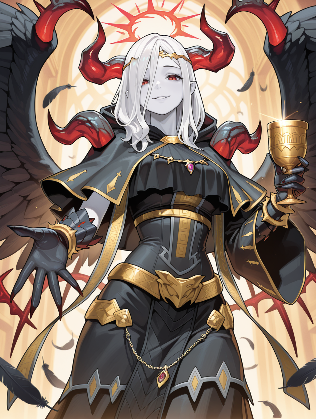fallen angel, condemned darklord, solo, chalice, 1girl, smile, open hand, looking at viewer, parted lips, white skin, red halo, gold circlet, black gloves, black feathered wings, black dress, black capelet,
masterpiece,best quality,amazing quality,very aesthetic,absurdres,newest,<lora:Condemned Darklord illuXL v1.1:0.75>,