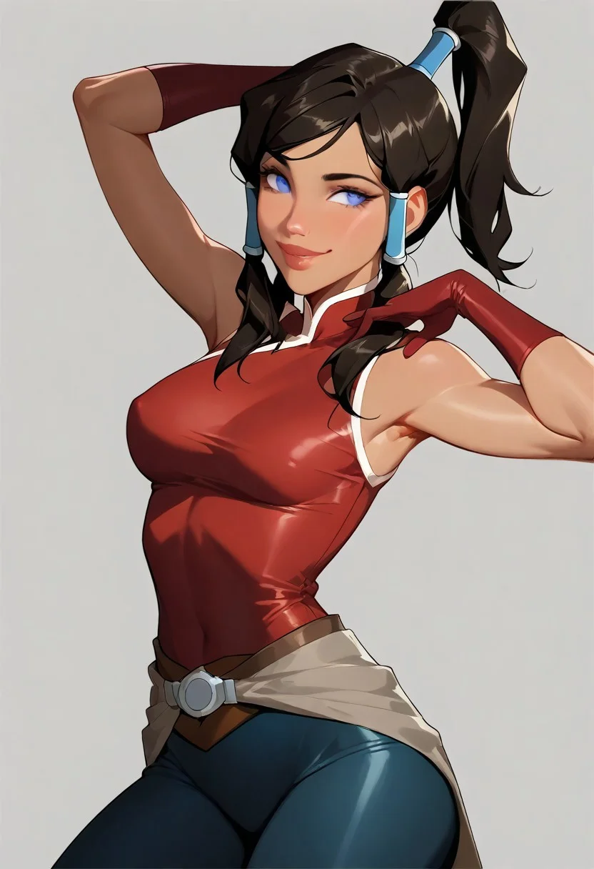 4RCH0N, Jabstyle, Expressiveh, Score_9, score_8_up, score_7_up, score_6_up, dynamic pose, KOrra, ,1 young woman, solo, femenine, blue eyes, brown eyelashes, brown hair, long hair, ponytail, dark skin, dark-skinned female, hair tubes, topknot,, tiny waist, perfect waist to hip ratio, flat stomach, eyesHD, detailed eyes, orgasmic look, smile, female focus, perfect face, perfect anatomy, perfect legs, detailed eyes, high definition eyes, most erotic picture in the world, medium breasts, firm breasts, (intricate detailing:1.6 faces & eyes & ears & nose & lips & skin & curves & shapes & body parts & anatomy),(wearing: bodysuit, red gloves, belt), sexy, (seductive-pose:1.4), solo_dancing, dynamic shot, blank background, seductive, innocent, sharp, rating_explicit