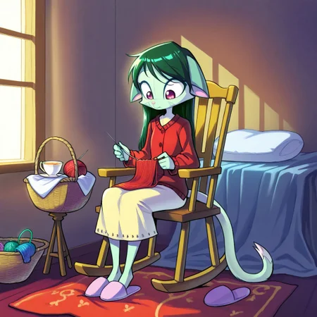 score_9, score_8_up, score_7_up,lilith_calah,
1girl,solo,furry,tail,dark green hair, source_furry,
,<lora:lilith_calah_illustrious:0.8>,
child, kid,
knitting_needles, yarn_ball, sweater, basket, rocking_chair, teacup, blanket, slippers, buttons, wool, window, pillow
Scene: A snug corner by a window with a rocking chair creaking softly, someone knitting a tiny sweater from fluffy wool, needles moving rhythmically. Yarn_ball tumble in a wicker basket, a teacup balances on the armrest, and a blanket drapes over their lap. Cute buttons shaped like stars wait to be sewn on, slippers peek out from under the chair, and a pillow props them up as sunlight streams in, warming the sweet, homey moment.