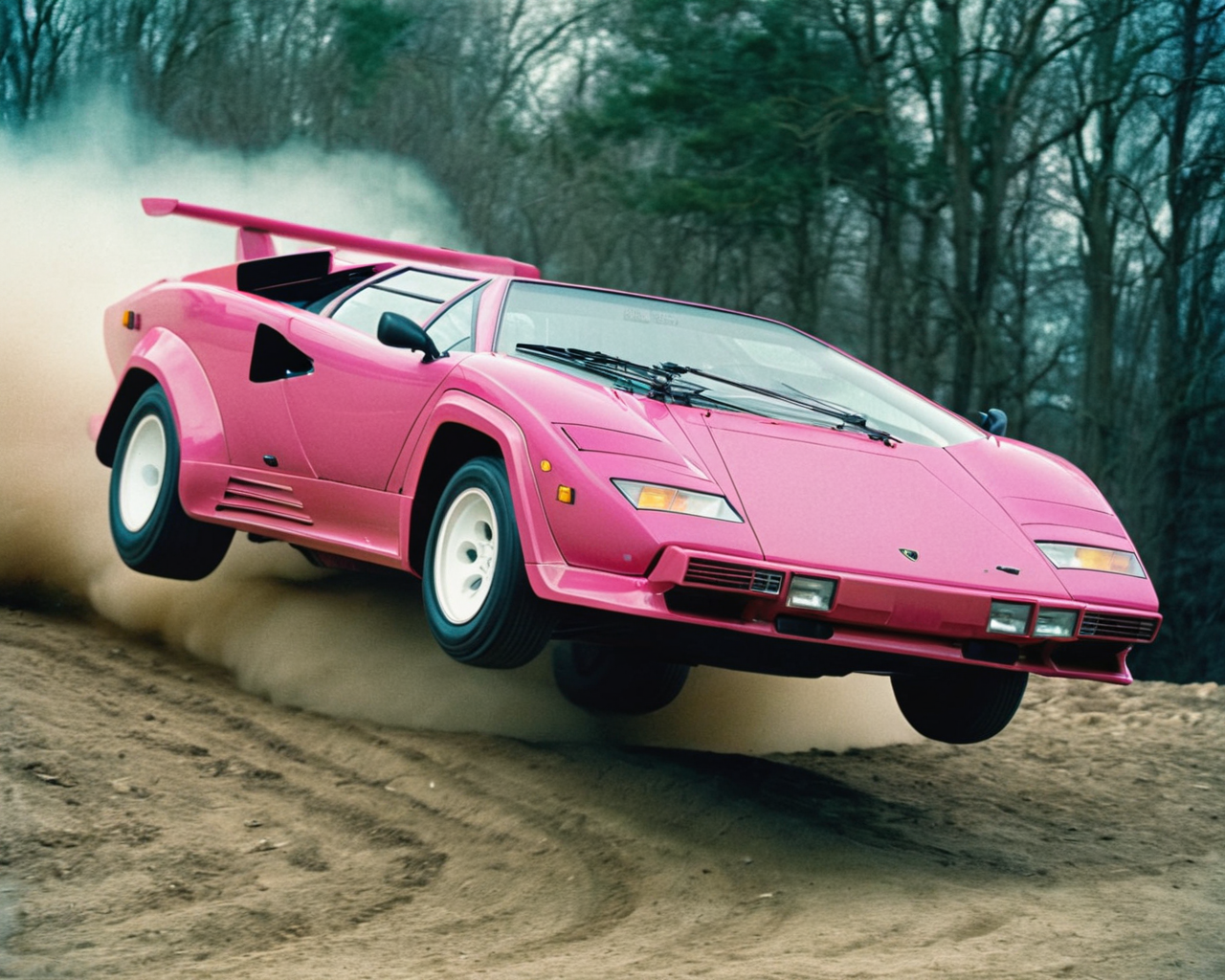 analog film photo car rally magazine photograph of a pink lamborghini countach (((rally car))) jumping, big air time, rally jump, action motion blur dust LP5000 <lora:add-detail-xl:2> <lora:LP5000-SDXL-V1.2:1>, (big offroad lights at the roof:1.2), hella flood lights, searchlights on roof, . faded film, desaturated, 35mm photo, grainy, vignette, vintage, Kodachrome, Lomography, stained, highly detailed, found footage