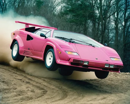 analog film photo car rally magazine photograph of a pink lamborghini countach (((rally car))) jumping, big air time, rally jump, action motion blur dust LP5000 <lora:add-detail-xl:2> <lora:LP5000-SDXL-V1.2:1>, (big offroad lights at the roof:1.2), hella flood lights, searchlights on roof, . faded film, desaturated, 35mm photo, grainy, vignette, vintage, Kodachrome, Lomography, stained, highly detailed, found footage