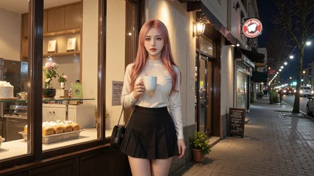 A stylish 20-year-old girl with pink long hair and bright green eyes stands at the entrance of a bakery on a cool winter night,dressed in a cream-colored sweater,a black pleated miniskirt,and elegant black knee-high boots. She holds a steaming cup of coffee,The city lights in the background shimmer,reflecting off the slightly frosted bakery window. Inside,warm yellow lighting highlights an array of cakes and pastries. A contrast of warm and cool tones creates a cozy winter night atmosphere. Realistic photography style,cinematic lighting,bokeh background,high dynamic range.,<lora:yuukananri-base-02-flux:0.9>,yuukananri,she has a slender physique and a petite build,