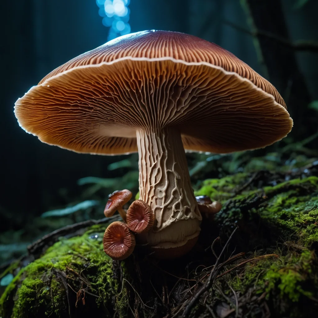Macro shot of Reishi Mushroom with Bioluminescent Mycelium <lora:MyShroom:0.4>