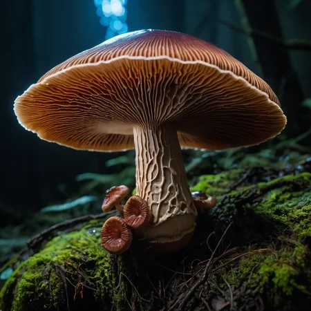 Macro shot of Reishi Mushroom with Bioluminescent Mycelium <lora:MyShroom:0.4>
