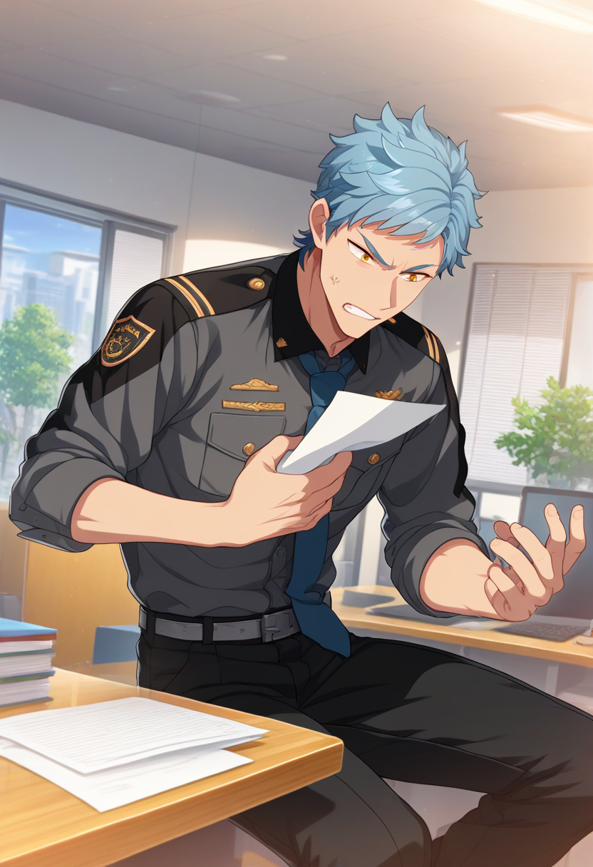 1boy, male focus, 
<lora:Character_-_Helios_Rising_Heroes_-_Asch_Albright:1> asch, blue hair, orange eyes,  
((zPDXL)), score_9_up, score_8_up, score_7_up, score_6_up, score_5_up, score_4_up, best quality, amazing quality, best aesthetic, absurdres, year2023, nsfw, game cg,  official art, official style, anime screencap,
indoor, office, desk, sitting on desk, black pants, police uniform, blue necktie, holding paper, angry, belt,