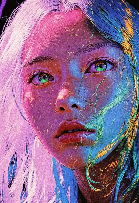 Retro anime, anime 90s, 90s aesthetics, illustration: A striking close-up of a woman with flowing white hair that fills the entire frame, visually dividing the artwork into two contrasting styles. In the upper portion, the scene is rendered in a dazzling neon aesthetic, where every detail is formed using intricate, glowing dots and lines in vibrant hues of pink, blue, yellow, green, and purple. Her face, hair, and background seamlessly merge into a mesmerizing, abstract composition, with neon accents shaping her facial contours, glowing lavender and teal eyes, and cascading hair. The swirling neon web in the background amplifies the surreal, cyber-dreamlike atmosphere, evoking the hypnotic visuals of classic 90s experimental anime. In the lower portion, the same woman’s face is depicted in hyper-realistic detail, capturing every pore, shadow, and delicate strand of her luminous white hair. The dramatic lighting casts sharp contrasts, emphasizing the striking depth of her features. This seamless fusion of a retro cyber aesthetic and hyper-realistic detailing creates a visually dynamic duality, where the nostalgia of 90s anime meets a futuristic, dreamlike vision.