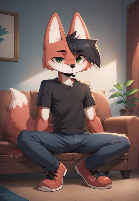 score_9, score_8_up, score_7_up, score_6_up, score_5_up, score_4_up, lisris, 1boy, solo, anthro fox, black hair, furry male, green eyes, red body, shirt, pants, boots, room, sit on sofa, vector, flat colors,  4k, ultra detailed, 4fingers