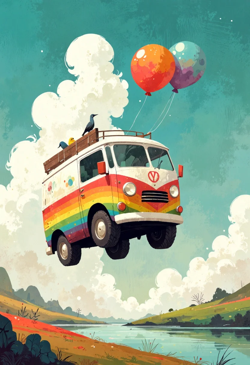 ppstorybook,A whimsical, flying van with rainbow-colored paint and oversized wheels, soaring through the clouds with balloons trailing behind, surrounded by fluffy clouds and playful birds, depicted in a cheerful, cartoonish style with soft pastel hues.