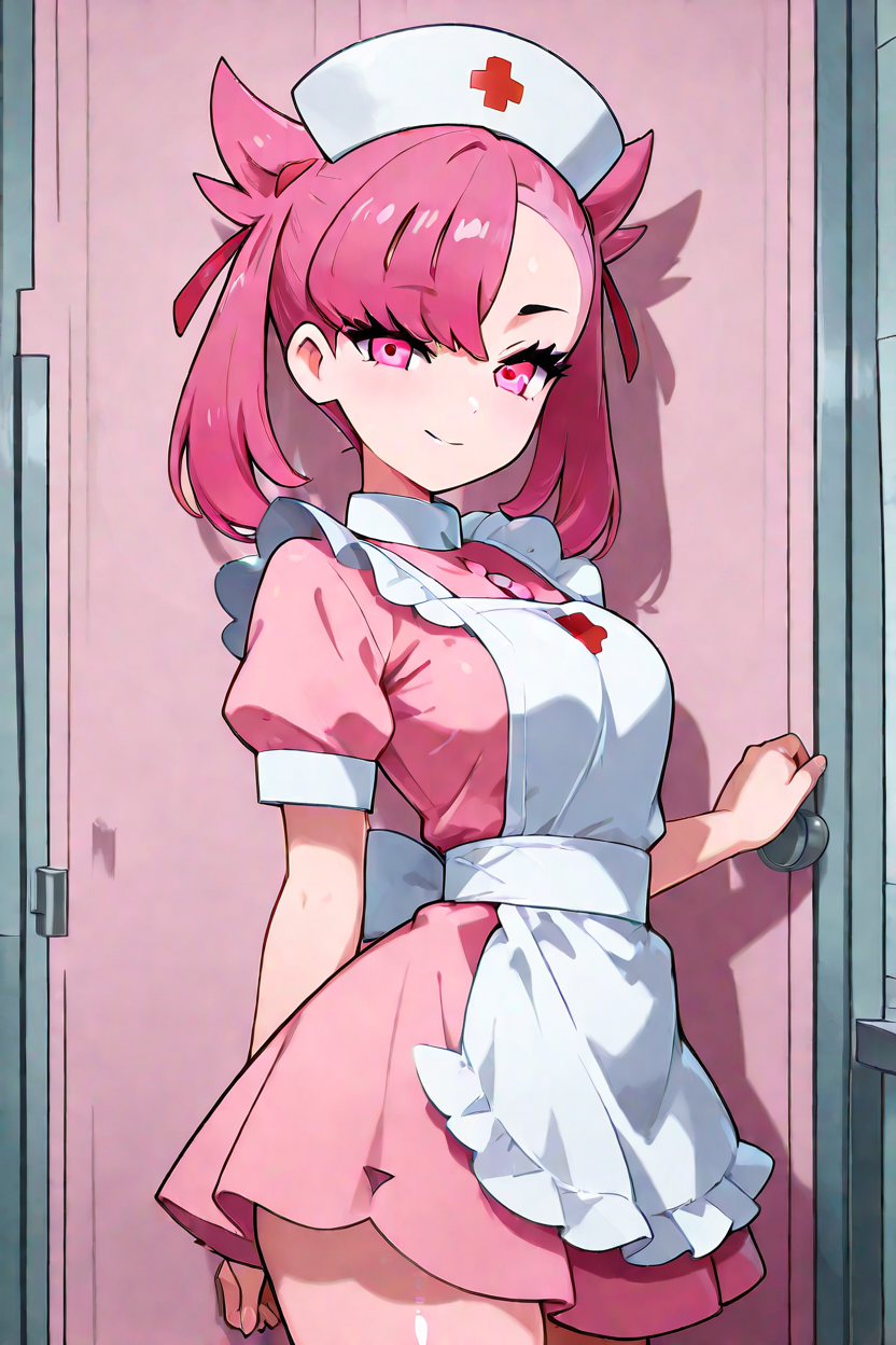 masterpiece, best quality, 1girl, solo, 21 year old model, eyelashes, (beautiful eyes), zzNurseMarnieCitron, pink eyes, hair ribbon, medium hair, pink hair, asymmetrical bangs, ribbon, nurse, pink dress, white apron, nurse cap,  <lora:NurseMarnieIXL:1.0>, upper body, side view, smile, looking at viewer, shiny skin,<lora:LandidzuStyleIXL:1.0>,