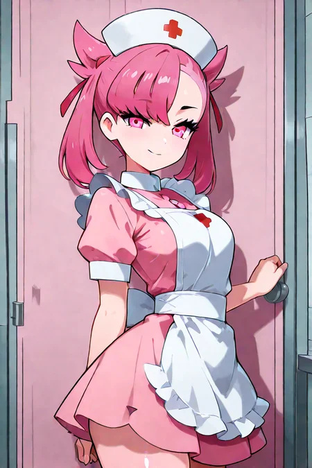 masterpiece, best quality, 1girl, solo, 21 year old model, eyelashes, (beautiful eyes), zzNurseMarnieCitron, pink eyes, hair ribbon, medium hair, pink hair, asymmetrical bangs, ribbon, nurse, pink dress, white apron, nurse cap, <lora:NurseMarnieIXL:1.0>, upper body, side view, smile, looking at viewer, shiny skin,<lora:LandidzuStyleIXL:1.0>,